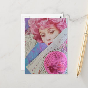 Retro Pink Hair Lady Mixed Media Collage Postcard