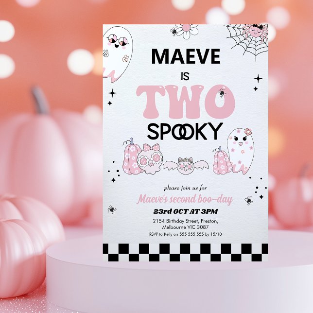 Retro Pink Halloween Two Spooky 2nd Birthday  Invitation (Two Spooky Birthday Invitation, Halloween 2nd Birthday Invitation Girl, Halloween Second Birthday )