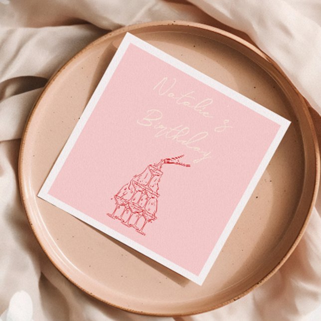 Retro Pink Hand Drawn Champagne Tower Birthday  Napkin (Creator Uploaded)