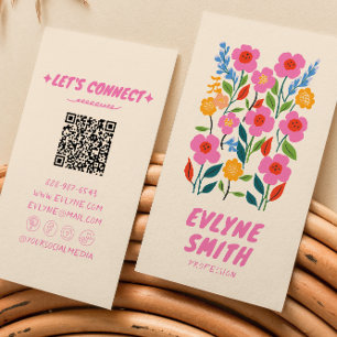 Retro Pink Hand Drawn Written QR Code Floral Girly Business Card
