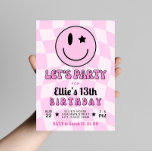 Retro Pink Happy Face Smile Birthday Invitation<br><div class="desc">Step back in time to Y2K with our Retro Pink Happy Face Birthday Invitation! This fun and nostalgic invitation feature a pink chequered background that sets the perfect retro vibe. The centerpiece is a cute winking happy face that adds a playful touch to the design. Surrounding the happy face are...</div>
