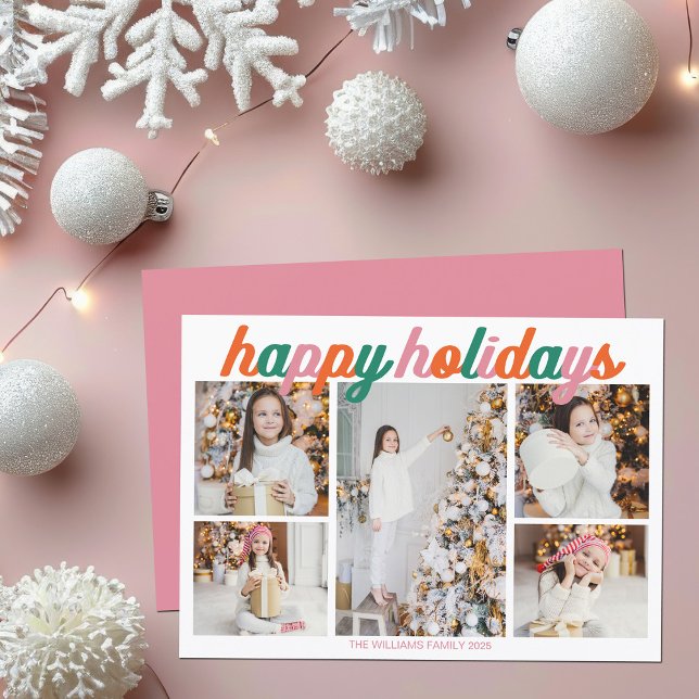 Retro Pink Happy Holidays 5 Photo Collage Holiday Card (Creator Uploaded)