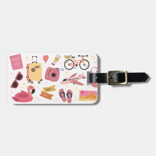 Retro Pink Illustrated Customisable Luggage Tag (Front Horizontal)