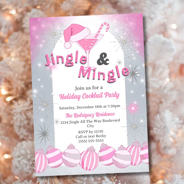 Retro Pink Jingle & Mingle Holiday Cocktail Party Invitation (Creator Uploaded)
