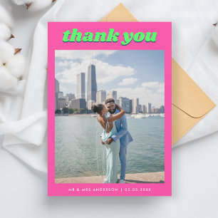 Retro Pink & Lime Minimalist Photo Groovy Wedding Thank You Card