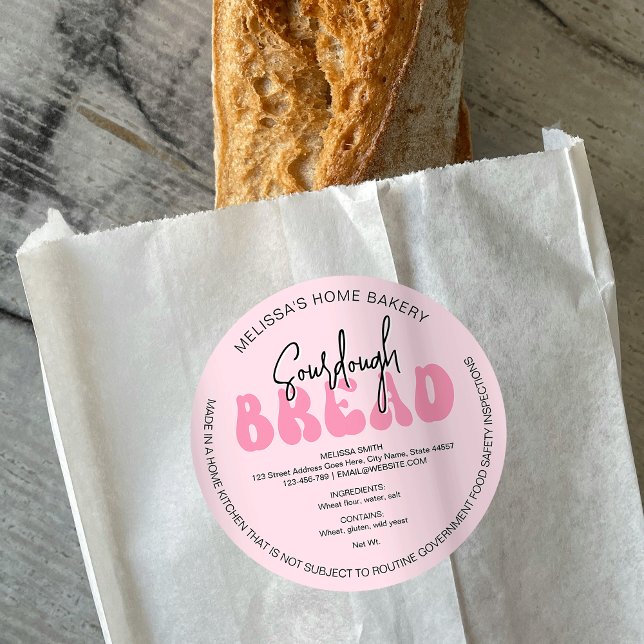 Retro Pink Loaf of Bread Groovy Ingredients Label (Trendy pink bread baker packaging stickers with ingredients & your business name)