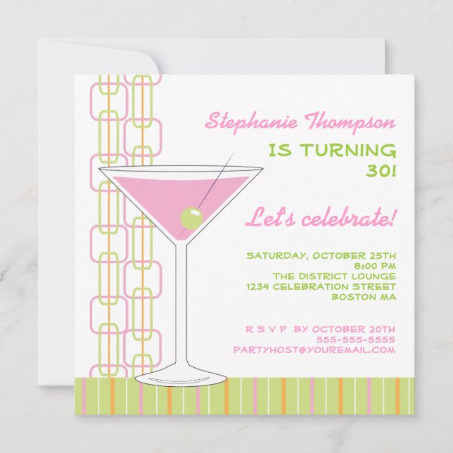 Retro Pink Martini Birthday Party Invitation (Front)