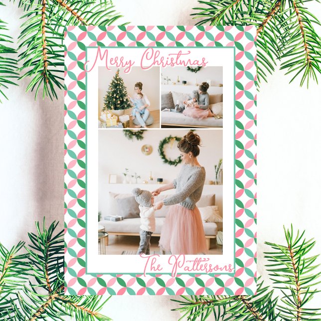 Retro Pink & Mint Green Pattern 3 Photo Christmas Holiday Card (Creator Uploaded)