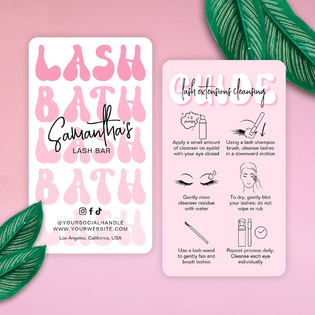 Retro Pink Modern Lash Bath Application Guide Business Card (Lash bath application instructions cards in blush pink with retro fonts)
