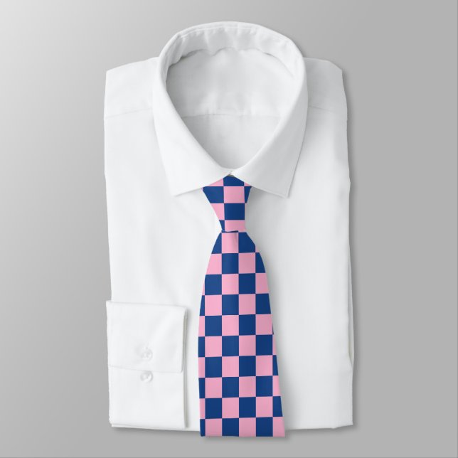 Retro Pink Navy Checkered Groomsmen Wedding Tie (Tied)