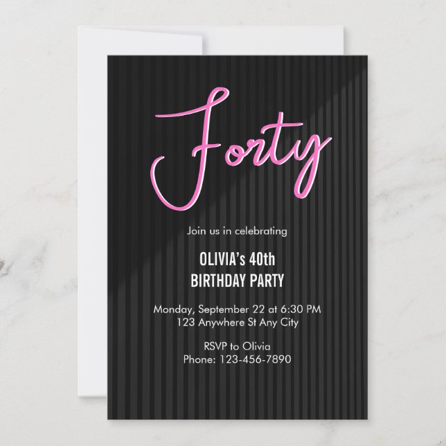 Retro Pink Neon 40th Birthday Invitation (Front)