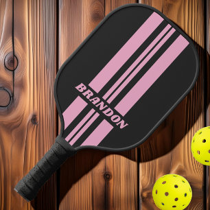 Retro Pink Night Dual Rally Stripes with Name Pickleball Paddle