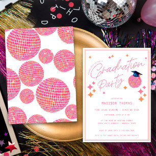 Retro Pink Orange Disco Ball Graduation Party Invitation