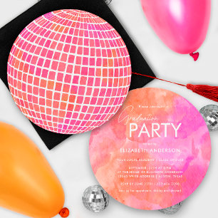 Retro Pink Orange Disco Ball Graduation Party Invitation