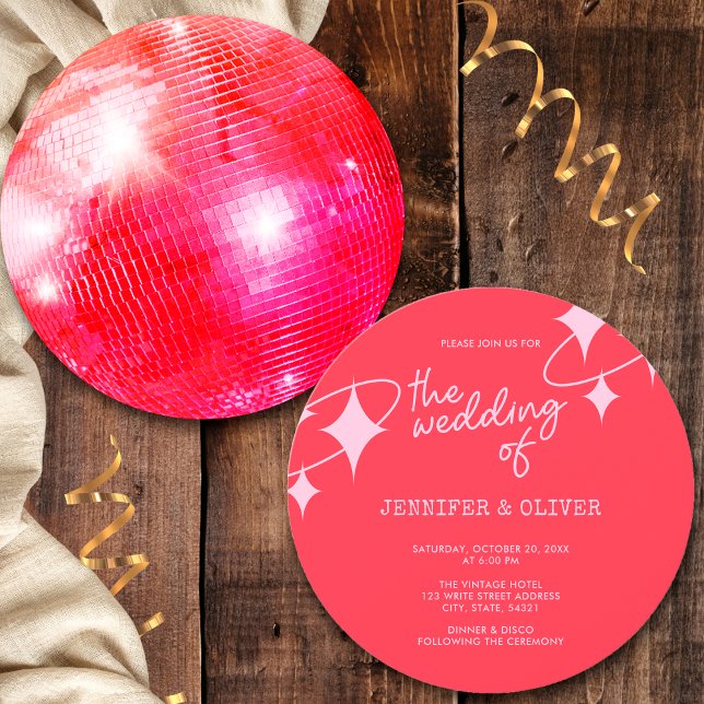 Retro Pink Orange Disco Ball Wedding Invitation (Front and Back)