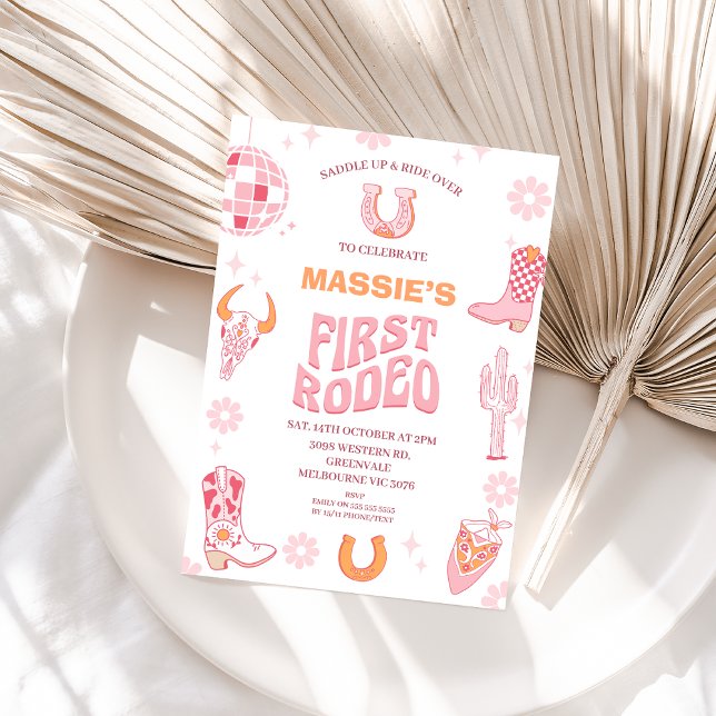 Retro Pink Orange First Rodeo 1st Birthday  Invitation (Pink Cowgirl First Rodeo Birthday Invitation Retro First Rodeo 1st Birthday Invite, Wild West )