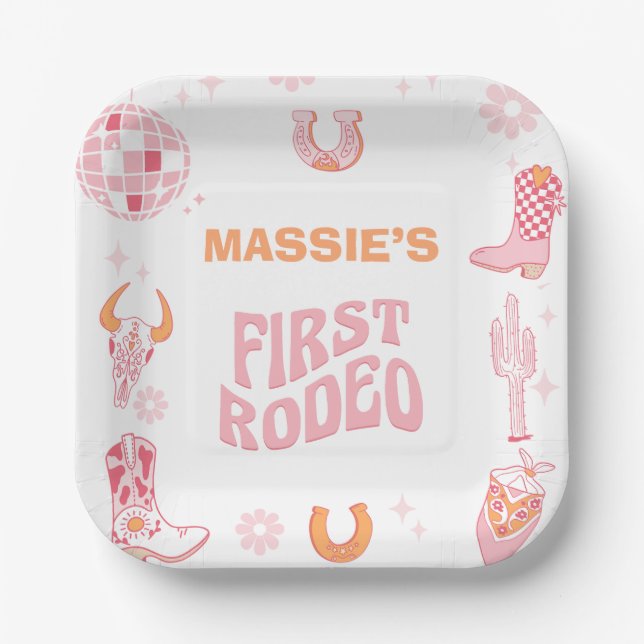 Retro Pink Orange First Rodeo 1st Birthday Paper Plate (Front)