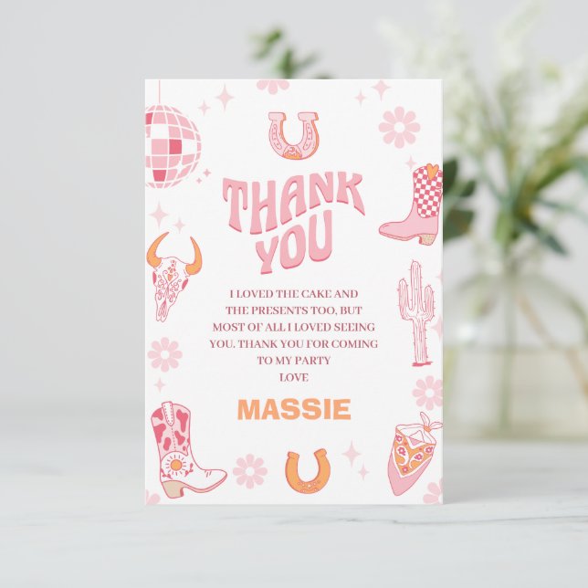 Retro Pink Orange First Rodeo 1st Birthday  Thank You Card (Standing Front)