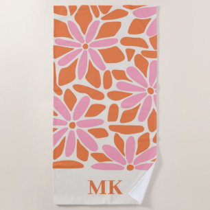 Retro Pink & Orange Flower Monogram Beach Towel