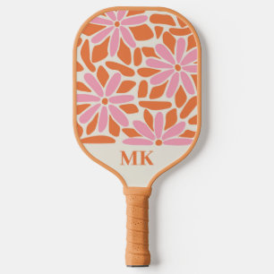 Retro Pink & Orange Flower Monogram Pickleball Paddle