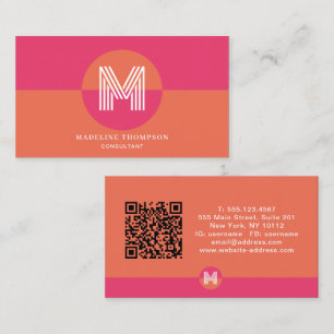Retro Pink Orange Geometric Monogram QR Code Business Card