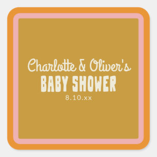 Retro Pink Orange Gold Groovy Baby Shower Custom Square Sticker