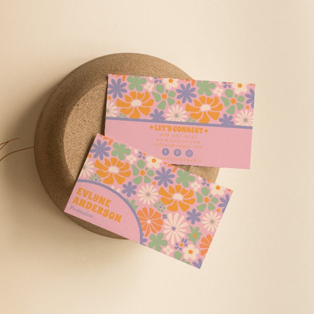 Retro Pink Orange Groovy Floral Boho Girly Trendy Business Card (Creator Uploaded)