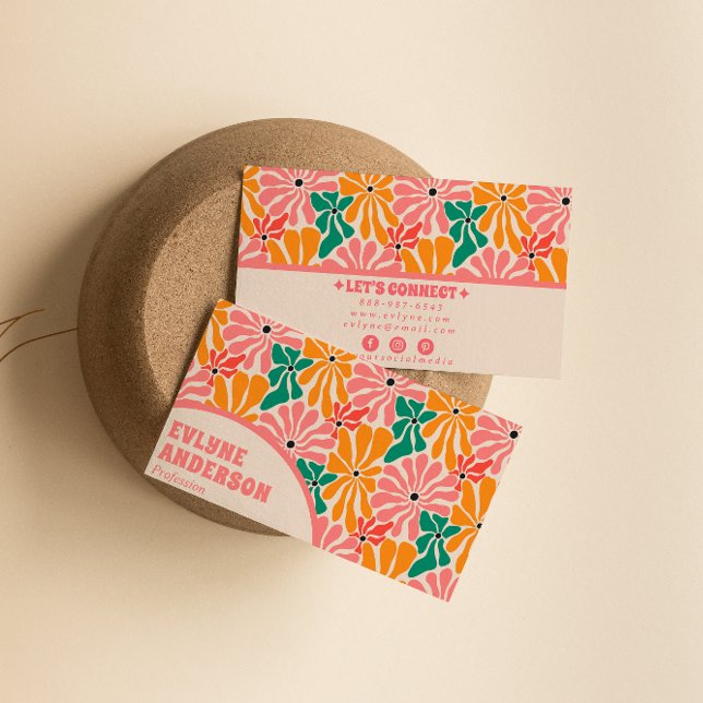 Retro Pink Orange Groovy Floral Boho Girly Trendy Business Card (Creator Uploaded)