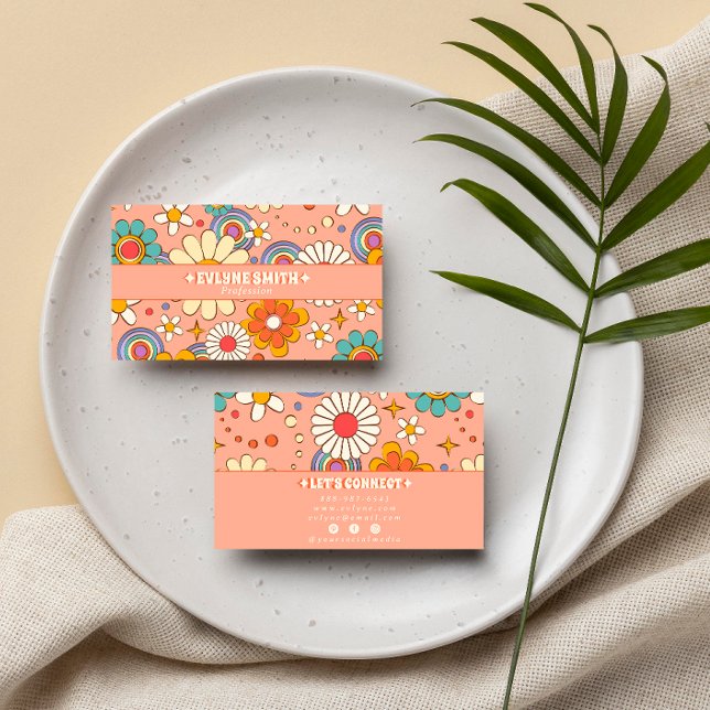 Retro Pink Orange Groovy Floral Boho Girly Trendy Business Card (Creator Uploaded)