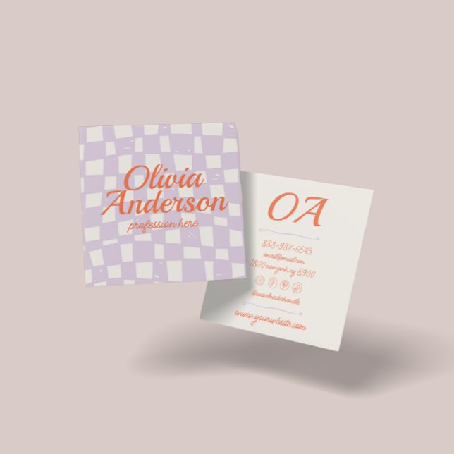 Retro Pink Orange Hand Drawn Chequered Groovy Girl Square Business Card (Creator Uploaded)