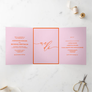 Retro pink orange Modern Wedding Tri-Fold Card