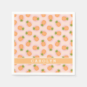 Retro pink orange pineapple patterns monogram napkin