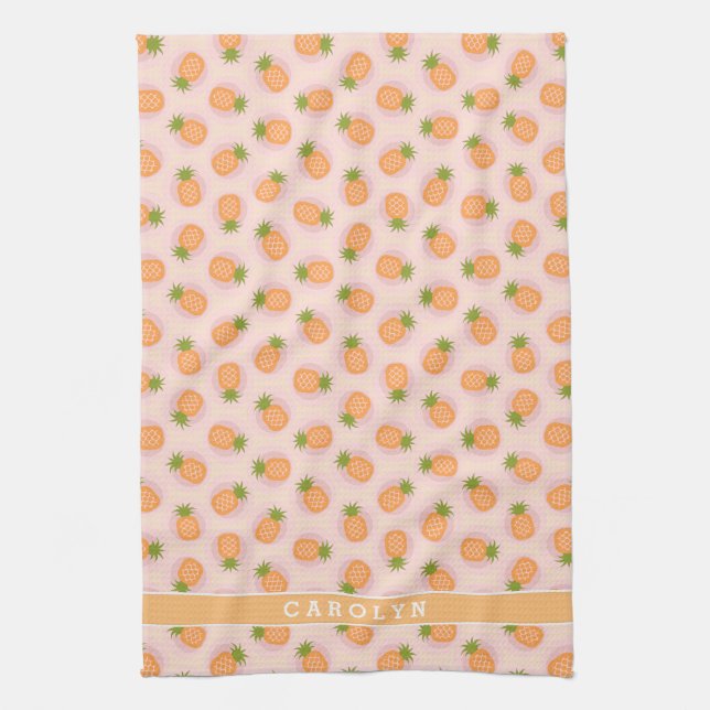 Retro pink orange pineapple patterns monogram tea towel (Vertical)