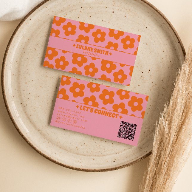 Retro Pink Orange QR Code Groovy Floral Boho Girly Business Card (Creator Uploaded)