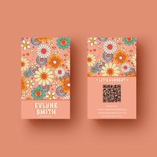 Retro Pink Orange QR Code Groovy Floral Trendy Business Card
