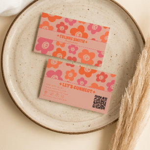 Retro Pink Orange QR Code Groovy Smiling Flowers  Business Card