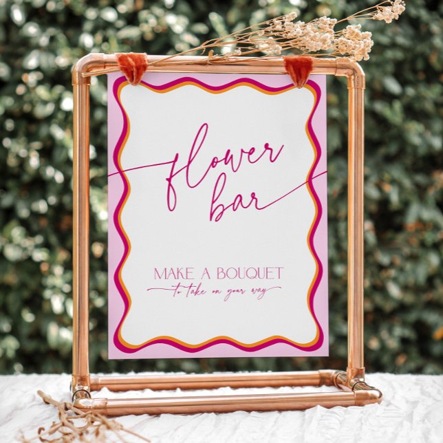 Retro Pink Orange Wavy Border Bridal Flower Bar  Pedestal Sign (pink and orange wavy border flower bar sign)