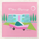 Retro Pink Palm Springs Coaster<br><div class="desc">Between the pink background, turquoise mid century modern home, and the classic 1950s car, this design couldn’t be more Palm Springs if it said it in the clouds. Oh, wait, it does say it in the clouds! The blue and teal stone of the house is offset by the sputnik light...</div>
