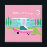 Retro Pink Palm Springs Magnet<br><div class="desc">Between the pink background, turquoise mid century modern home, and the classic 1950s car, this design couldn’t be more Palm Springs if it said it in the clouds. Oh, wait, it does say it in the clouds! The blue and teal stone of the house is offset by the sputnik light...</div>