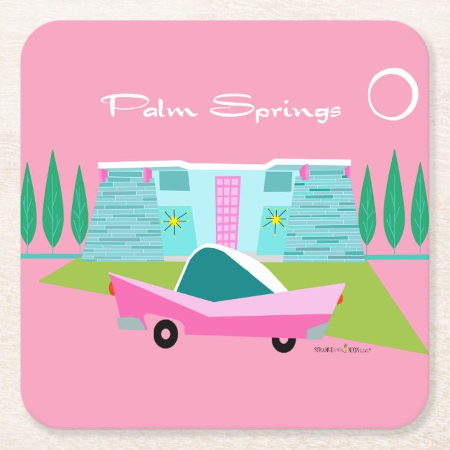 Retro Pink Palm Springs Paper Coaster (Front)