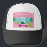 Retro Pink Palm Springs Trucker Hat<br><div class="desc">Between the pink background, turquoise mid century modern home, and the classic 1950s car, this design couldn’t be more Palm Springs if it said it in the clouds. Oh, wait, it does say it in the clouds! The blue and teal stone of the house is offset by the sputnik light...</div>