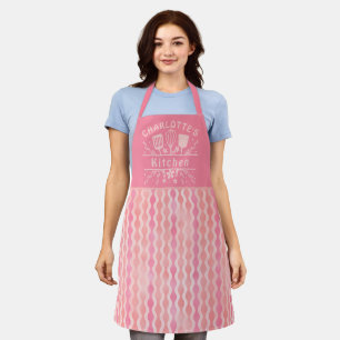 Retro Pink Pattern Personalised Name Women Kitchen Apron