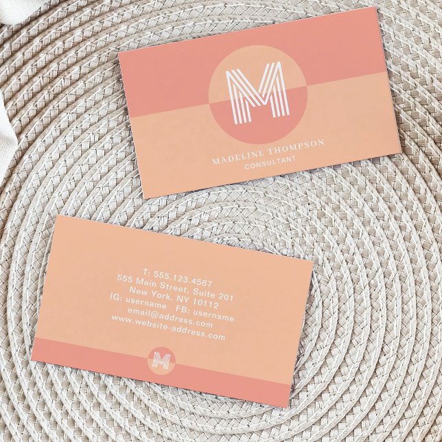 Retro Pink Peach Geometric Modern Monogram Business Card (Creator Uploaded)
