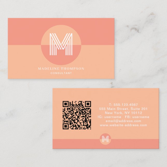 Retro Pink Peach Geometric Modern Monogram QR Code Business Card (Front/Back)