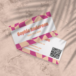 Retro Pink & Peach Wavy Pattern with QR Code Business Card
