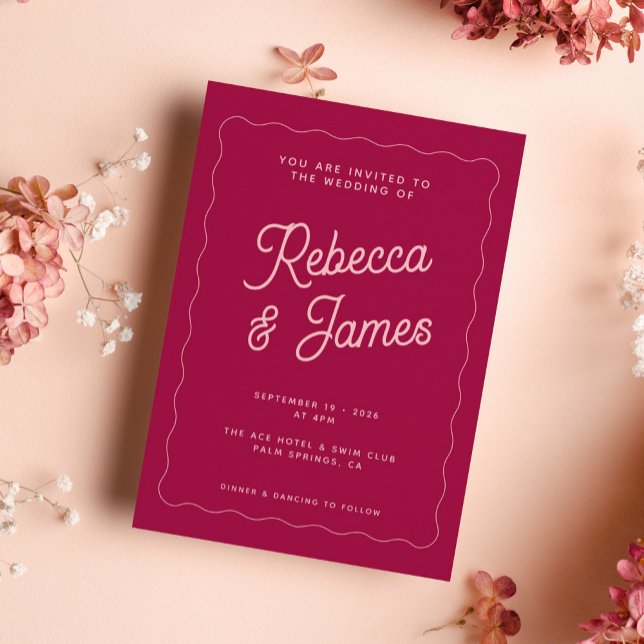 Retro Pink Peachy Fuchsia Wave Frame Wedding Invitation (Creator Uploaded)