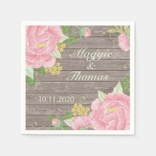 Retro pink peony on wood Wedding Napkins