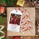 Retro Pink Photo Festive Merry Bright Christmas<br><div class="desc">This simple and minimal, yet festive Merry and Bright Christmas design was created using a fun modern script font and my hand lettered block font in a retro style in light pink and red topped off with my hand painted Santa hat with holly and berries to make your family photo...</div>