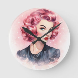 Retro Pink Pin-Up Glam Girl Round Clock