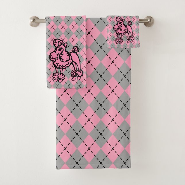 Retro Pink Poodle Bath Towels Set Gift (Insitu)